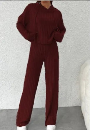 Spring and Autumn Women's New Solid Color Casual Knitted Striped Hooded Sweatshirt Loose Long Sleeved Long Pants Two-piece Set