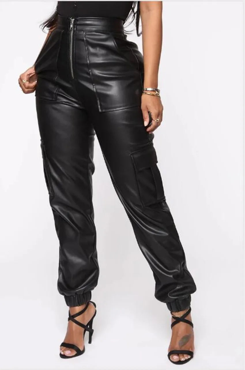 Autumn Winter Fashion Women's Trousers Faux Leather High Waisted Joggers with Zipper Multi Pocket Straight-Leg Cargo Pants