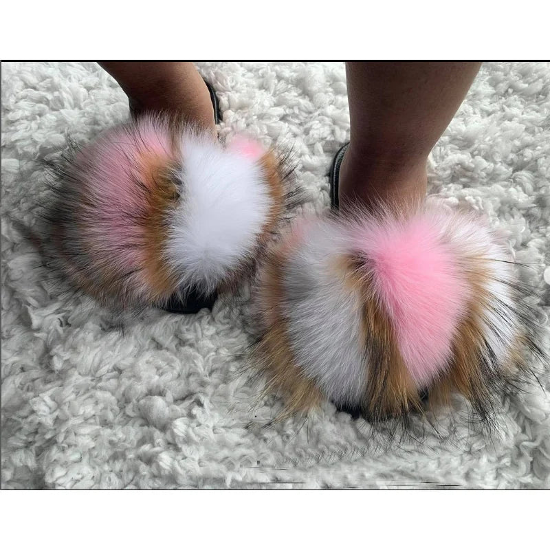 Rainbow Fur Slides Women's Furry Plush Raccoon Fox Fur Slippers Indoor Flat Non-Slip Summer Beach Flip Flops Large Size Sandals