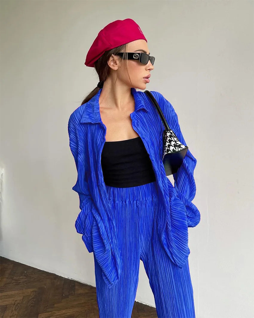 New Spring And Autumn Suit Women's Pleated Lapel Shirt Loose Casual Suit Solid Color Drape Pleated Casual Suit