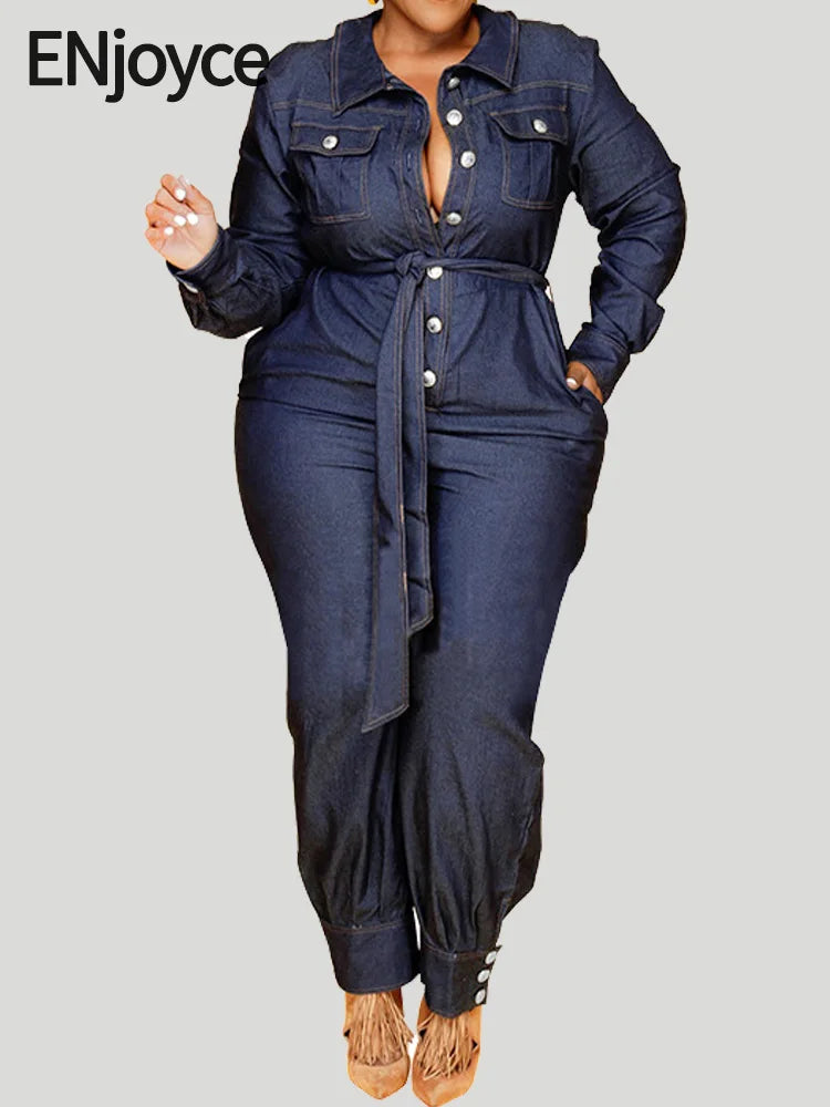 Denim Style Denim Jumpsuit with Belt Women Fashion Plus Size Loose Jeans Casual Overalls Romper Outfit