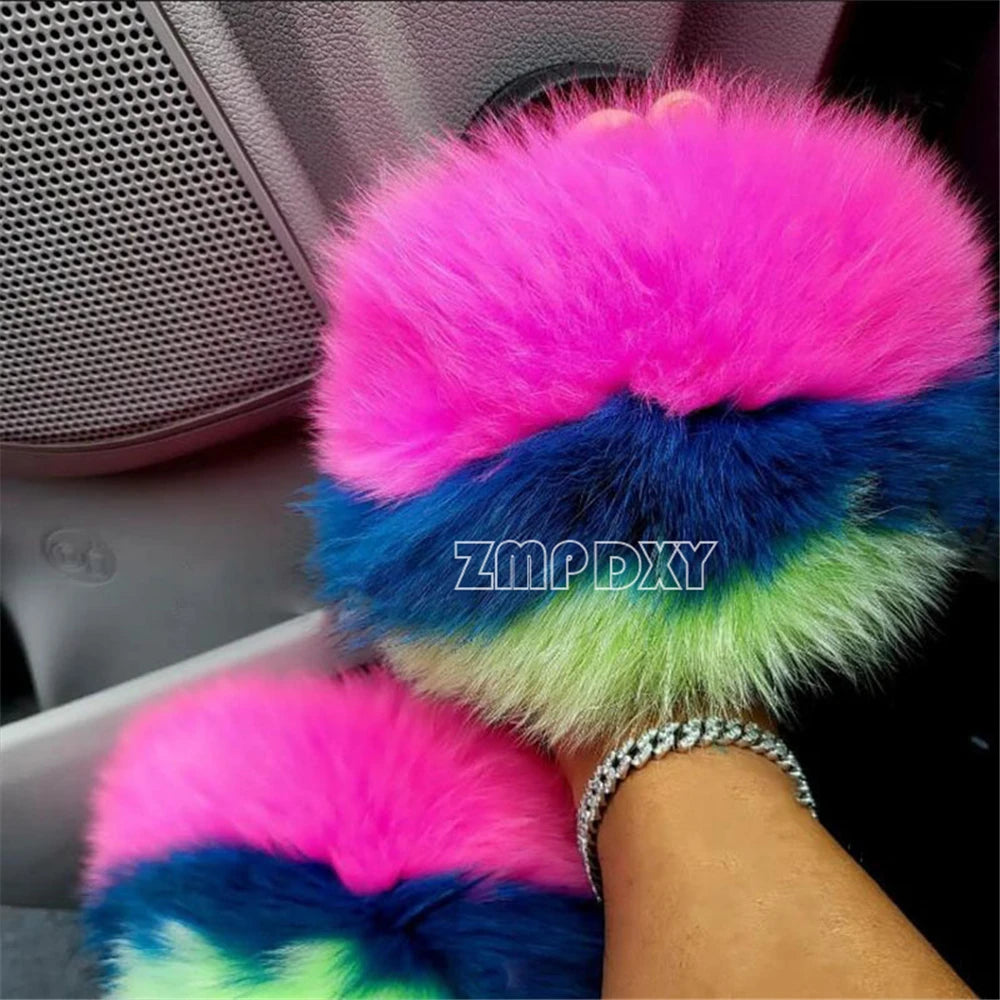 Hot Sale Summer Women Fox Fur Slippers Furry Slippers Designer Fur Slides Girls Black Fur Slides Gorgeous Big Fur Slides Sandal