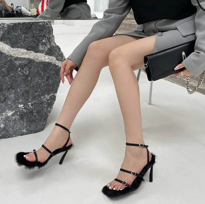 Liyke Size 35-40 Summer Party Dress Pink Sandals Women 2025 Fashion Fur Feather Thin High Heels Square Toe Buckle Strap Shoes