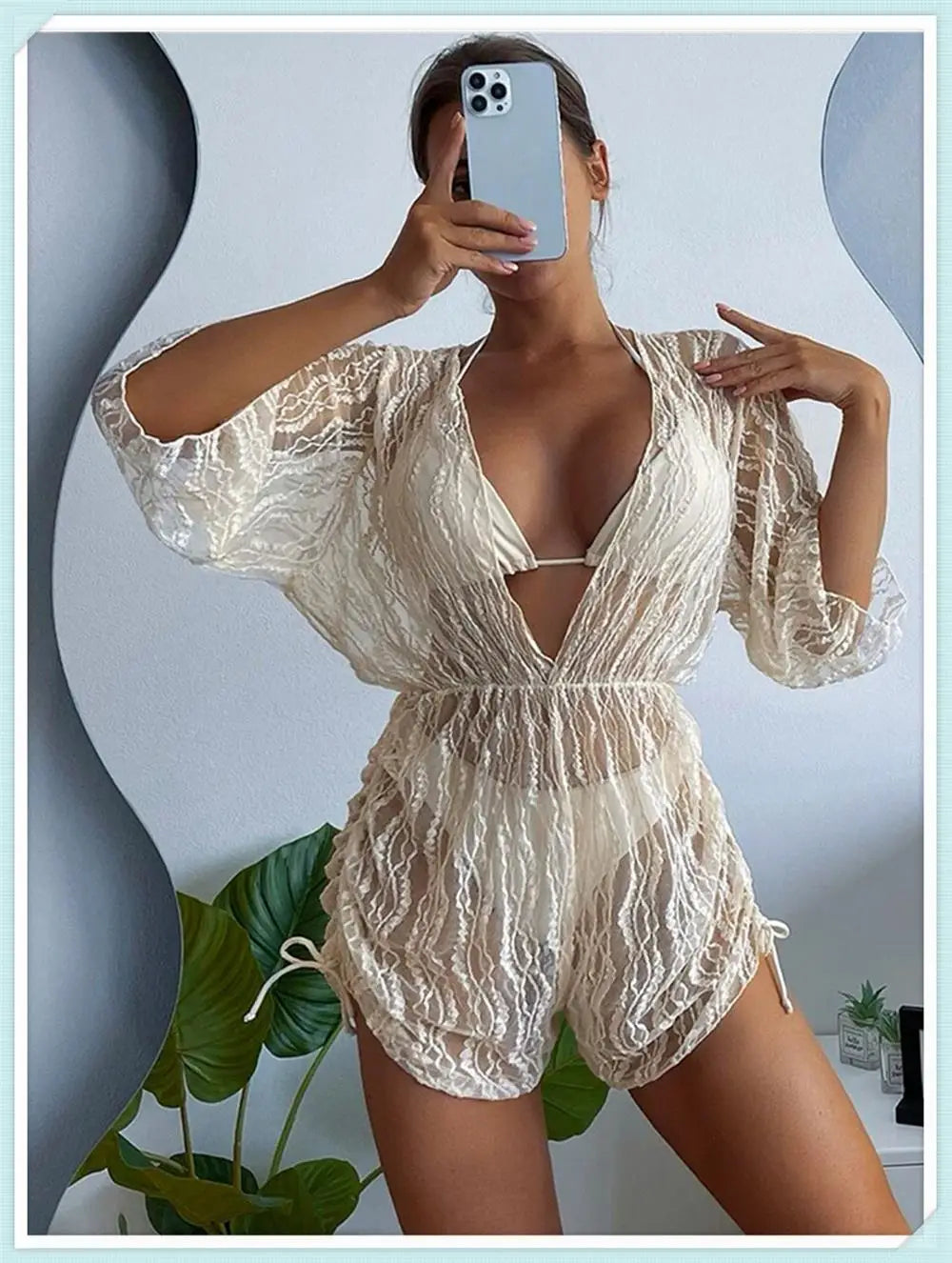 3 pieces Halter Bikini Tropical Print Swimsuit Drawstring Side Swimwear Women Long Sleeve Bathing Suit Female Swimming Beachwear
