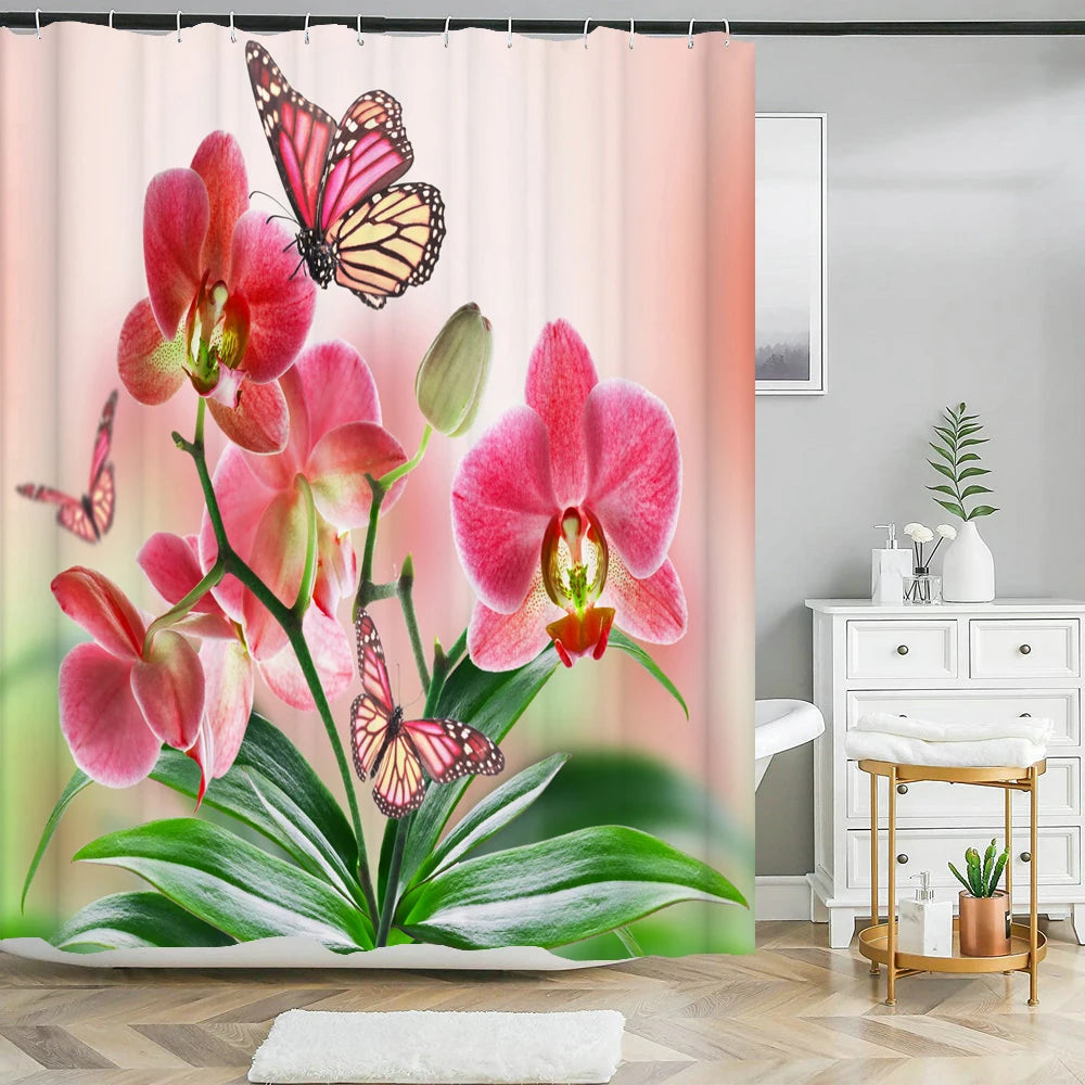 Butterfly Rose Flower Printed Waterproof Bathroom Shower Curtain Set Non-Slip Bath Mat Rug Sets Toilet Cover Bathroom Decor