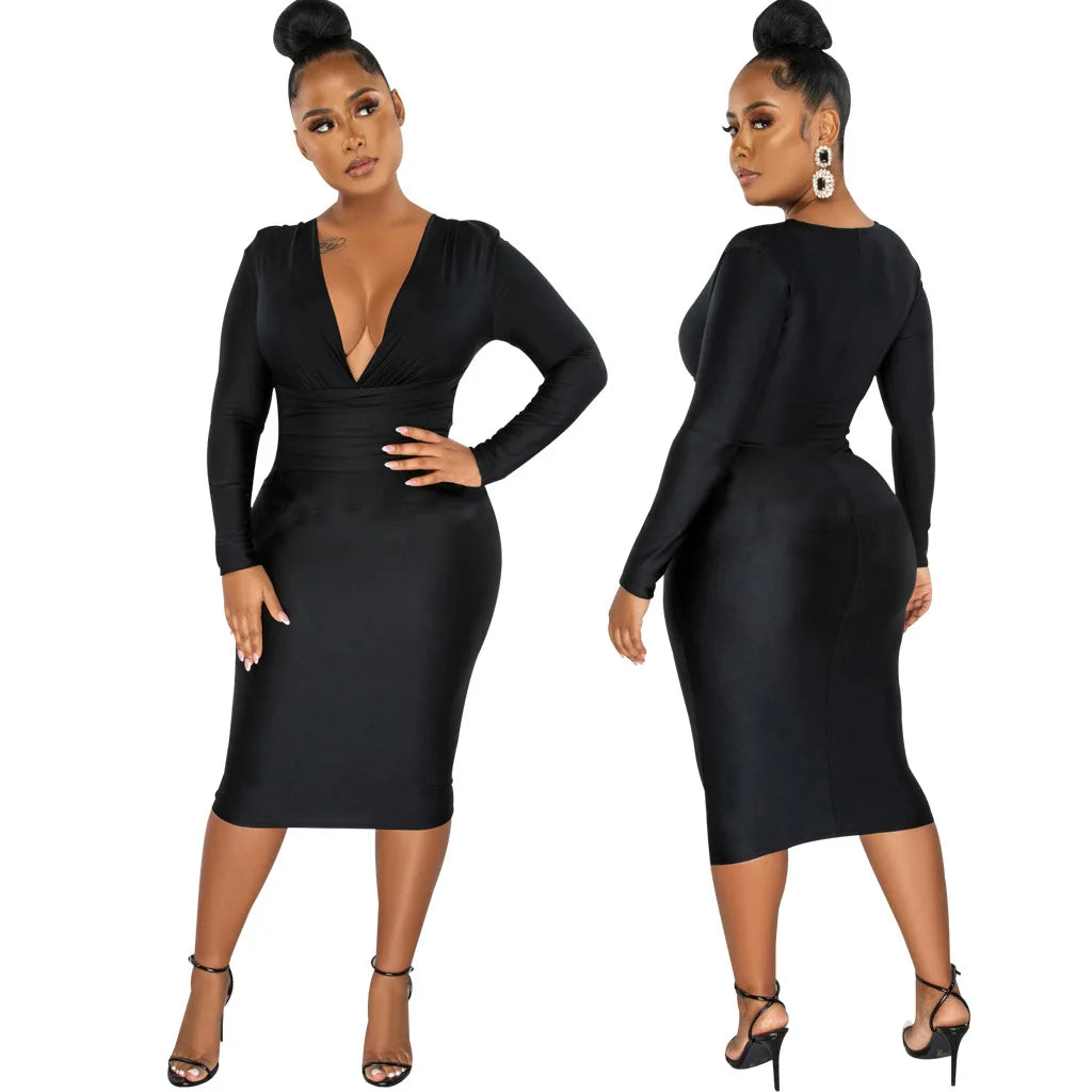 CM.YAYA Women V-neck Elegant Long Sleeve Midi Dress 2024 Winter Ruched OL Streetwear Africa Party Club Dresses Vestidos
