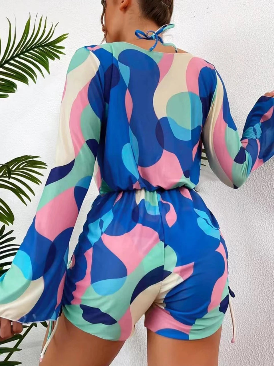 3 pieces Halter Bikini Tropical Print Swimsuit Drawstring Side Swimwear Women Long Sleeve Bathing Suit Female Swimming Beachwear