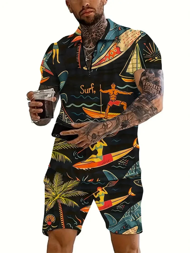 Zipper Shirt Shorts Set Summer Fashion Casual Men's Sports Set 3D Printed Simple Style Lapel Zipper Shirt 2 Sets