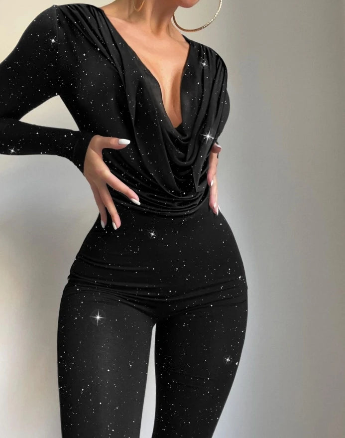Sexy Party Night Out Jumpsuit Women Elegance Plain Glitter Cold Shoulder Long Sleeve Contrast Lace Corset Skinny Jumpsuit