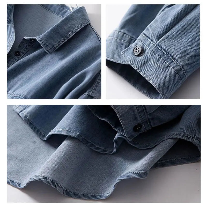 Oversize 85kg Loose Basic Jean Shirts Women Polo Collar Classical Denim Blouses 2024 Spring Fall Pocket Wash Blue Casual Blusas