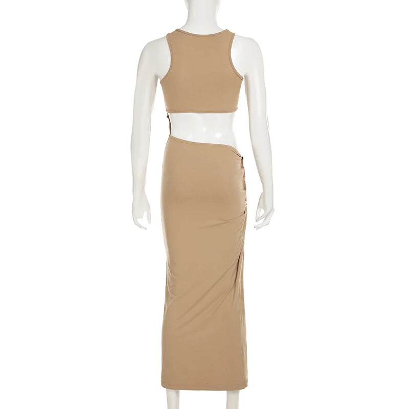 BIIKPIIK Sexy Hollow Out Party Dress For Women Fashion Metal Buckle Sleeveless Bodycon Gown Clubwear Evening Dress Summer Trendy