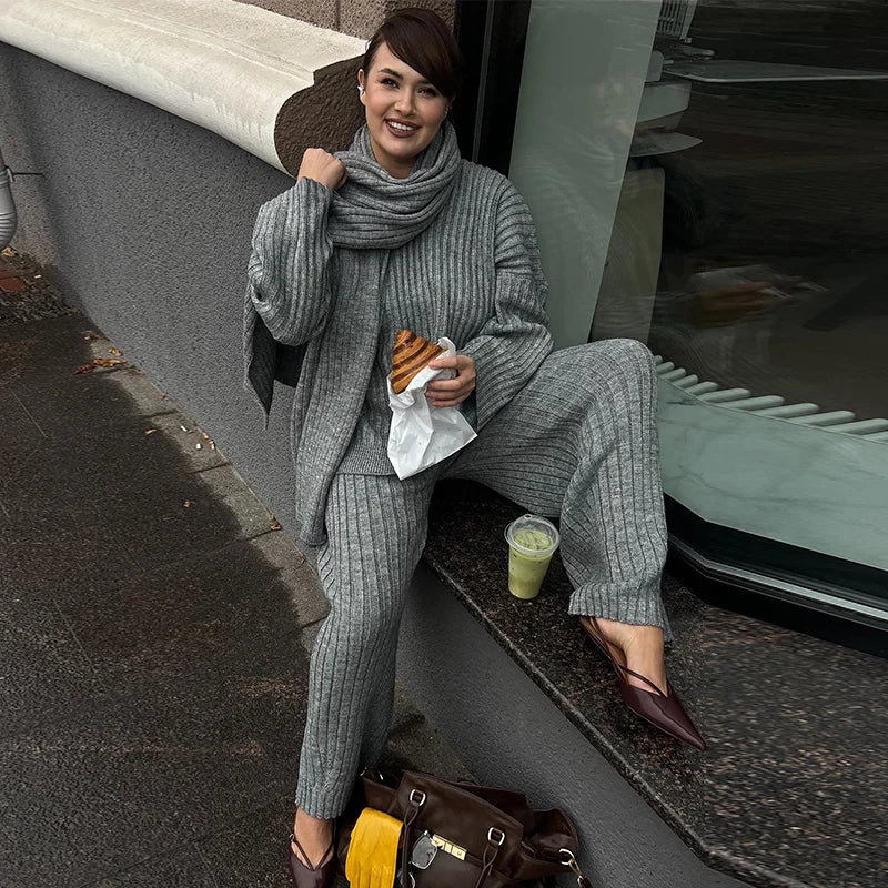 Oversize Knitted Women's Set V-Neck Full Sleeve Scarf Pullover Long Trousers Casual Loose Lady Suit for Autumn