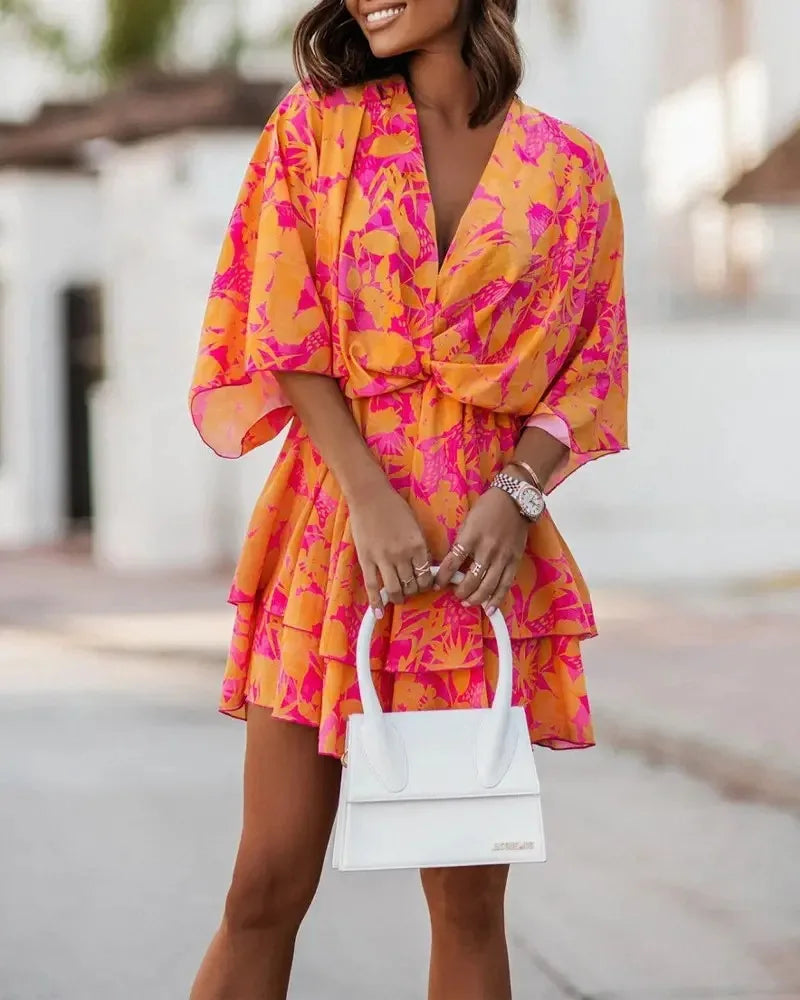 Women's Spring And Autumn Sexy Chiffon V-neck Loose Bat Sleeve Print Dress Women's Fashion Casual 5/4 Sleeve Dress Vestidos