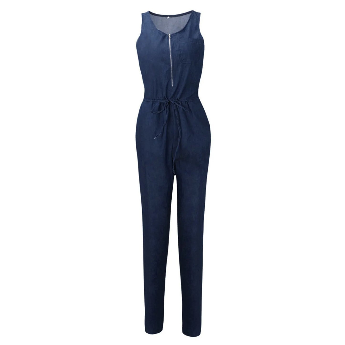 Denim Jumpsuit Women Sexy Off Shoulder Sleeveless Jeans Jumpsuits Fashion Pocket Zipper V Neck Overall Elastic Waist Romper