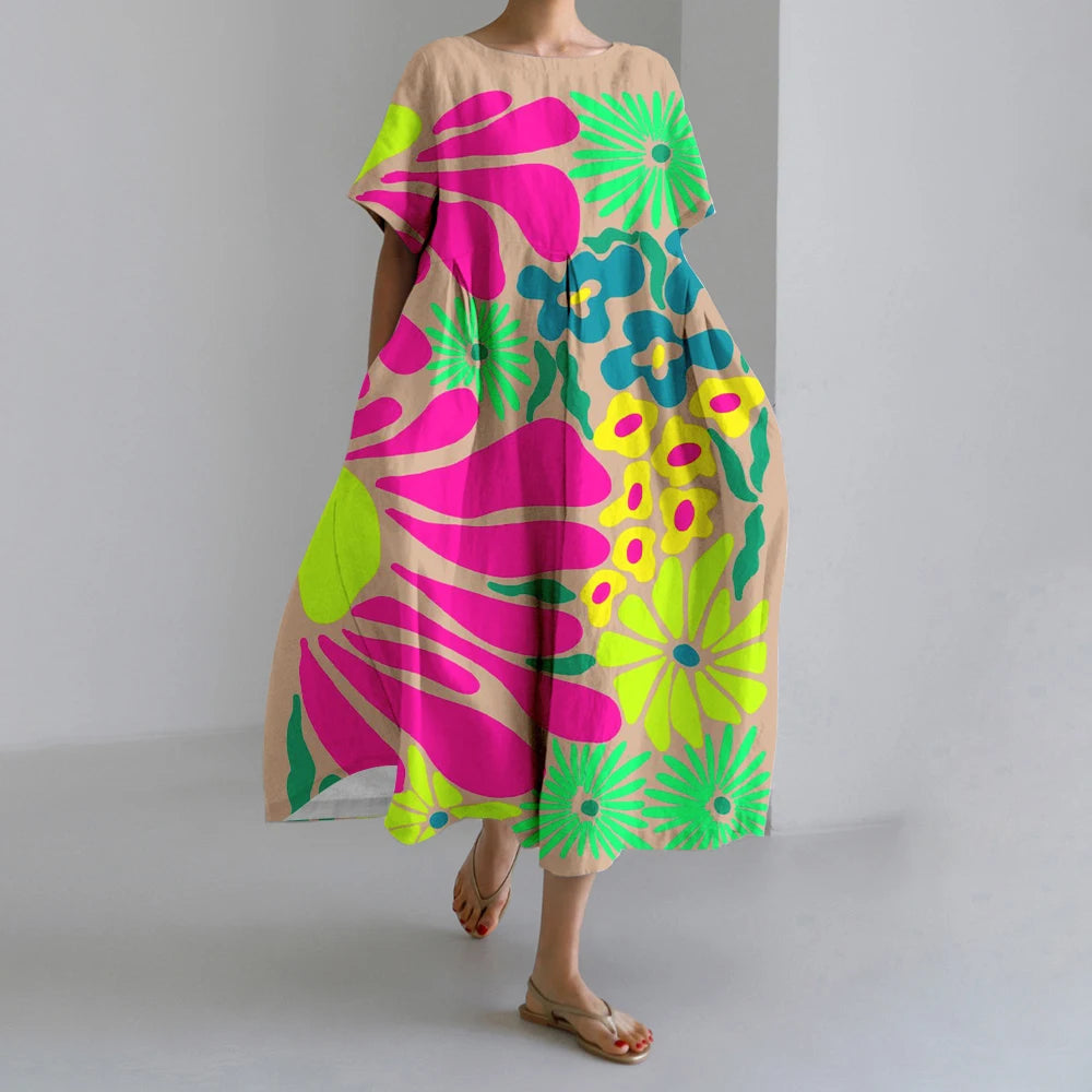New Summer Womens Dresses Exquisite Elegant Round Neck Short Sleeve Long Pink Spotted Irregular Printed Comfortable Midi Dresses