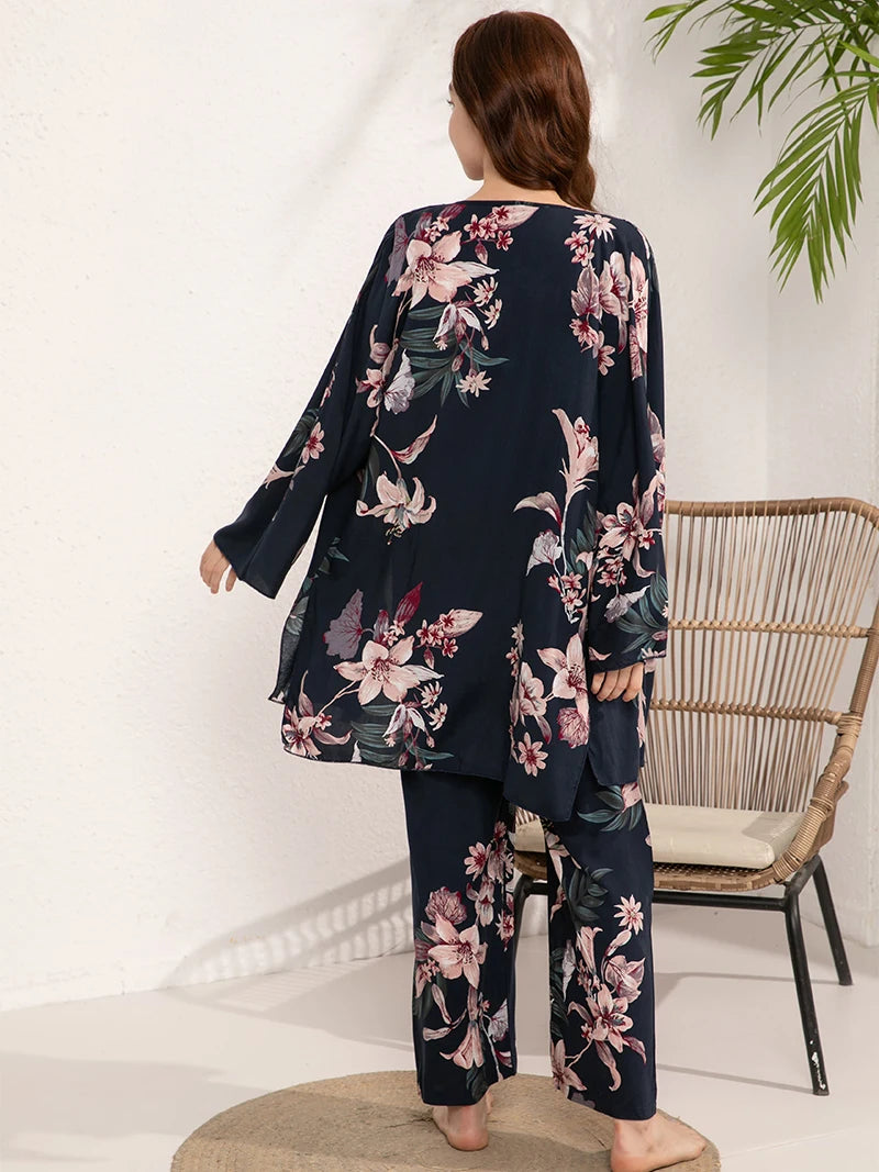 Women's Pajams Set 3 Pieces 100% Viscose Home Pijima Loose Set Sleepwear Printed Plus Size S-3XL Loose Comfortable Female Pijima