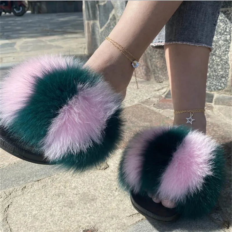 Hot Sale Summer Women Fox Fur Slippers Furry Slippers Designer Fur Slides Girls Black Fur Slides Gorgeous Big Fur Slides Sandal