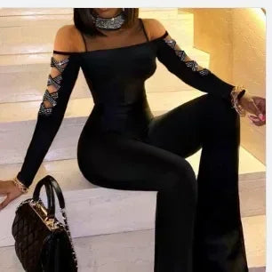 Women's Clothing Grid Stitching Jumpsuit Full Length Flare Pants Playsuit High Waist
