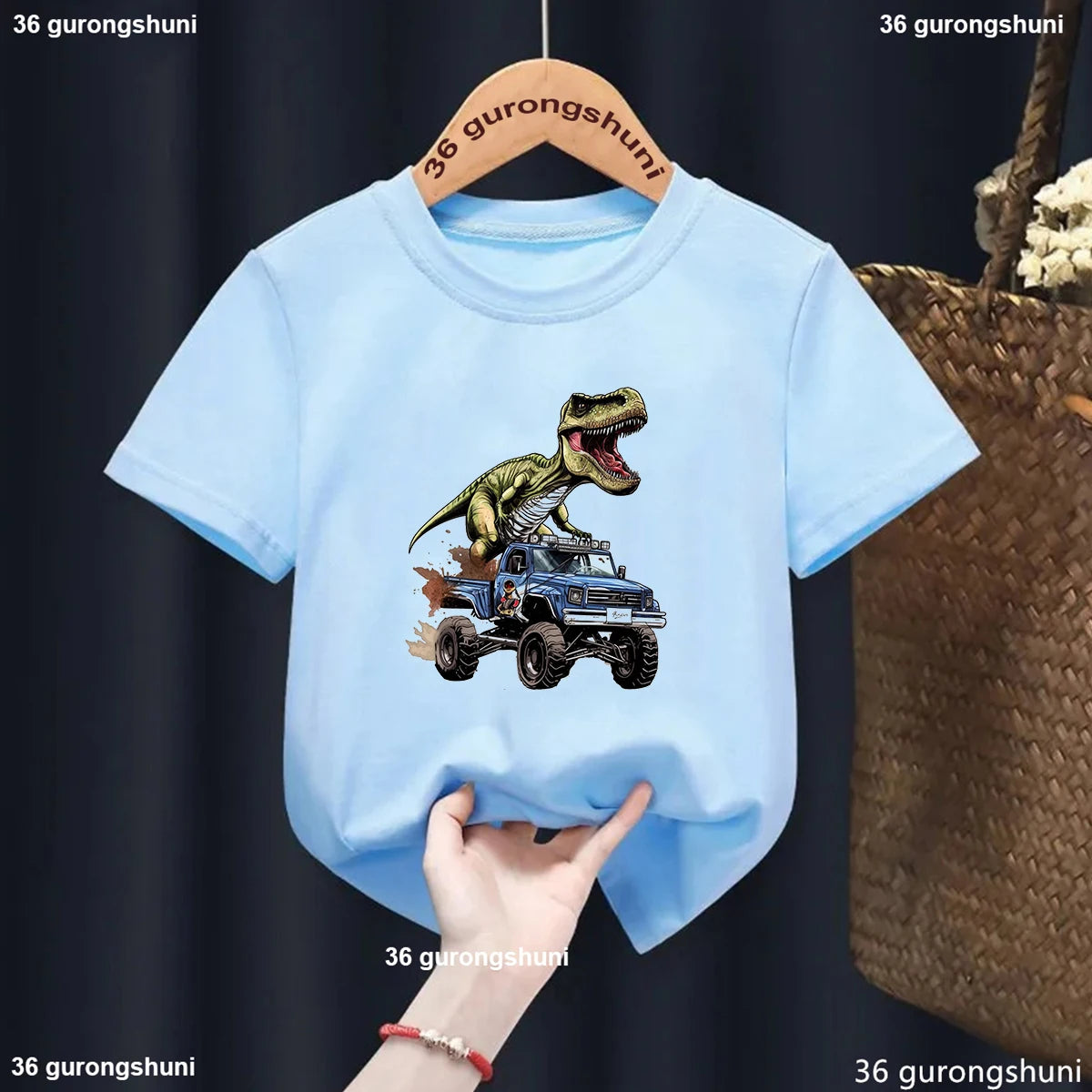 Cute Monster Truck T-Shirt for Kids Harajuku Style Dinosaur Print Suitable for Girls Boys Funny Children's Clothing