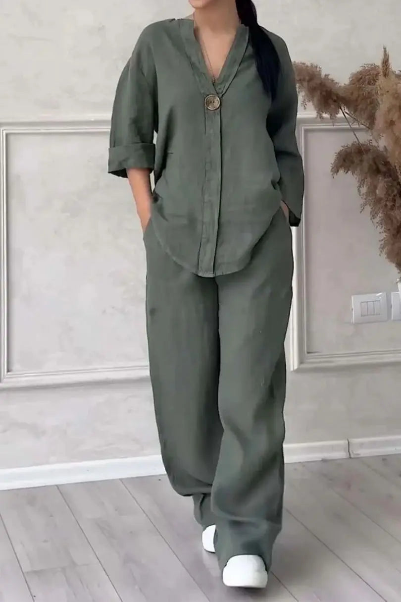 Comfortable Loose Cotton Linen Women's two pieces set Top Wide Leg Pants Casual Fashion Set Suits Spring Summer Wear Outfits
