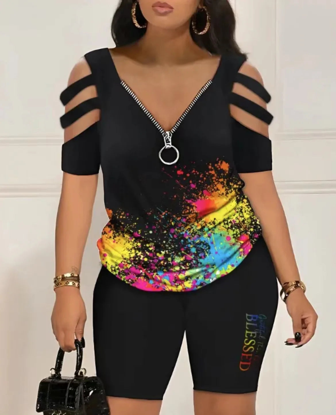 Women's Summer Casual Loose Print T-Shirt And Shorts 2 Piece Set V-Neck Hollow out Design Fashion Outfit Junior Size