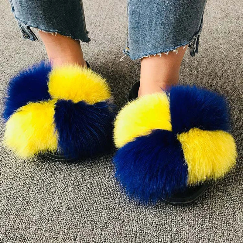 Hot Sale Summer Women Fox Fur Slippers Furry Slippers Designer Fur Slides Girls Black Fur Slides Gorgeous Big Fur Slides Sandal
