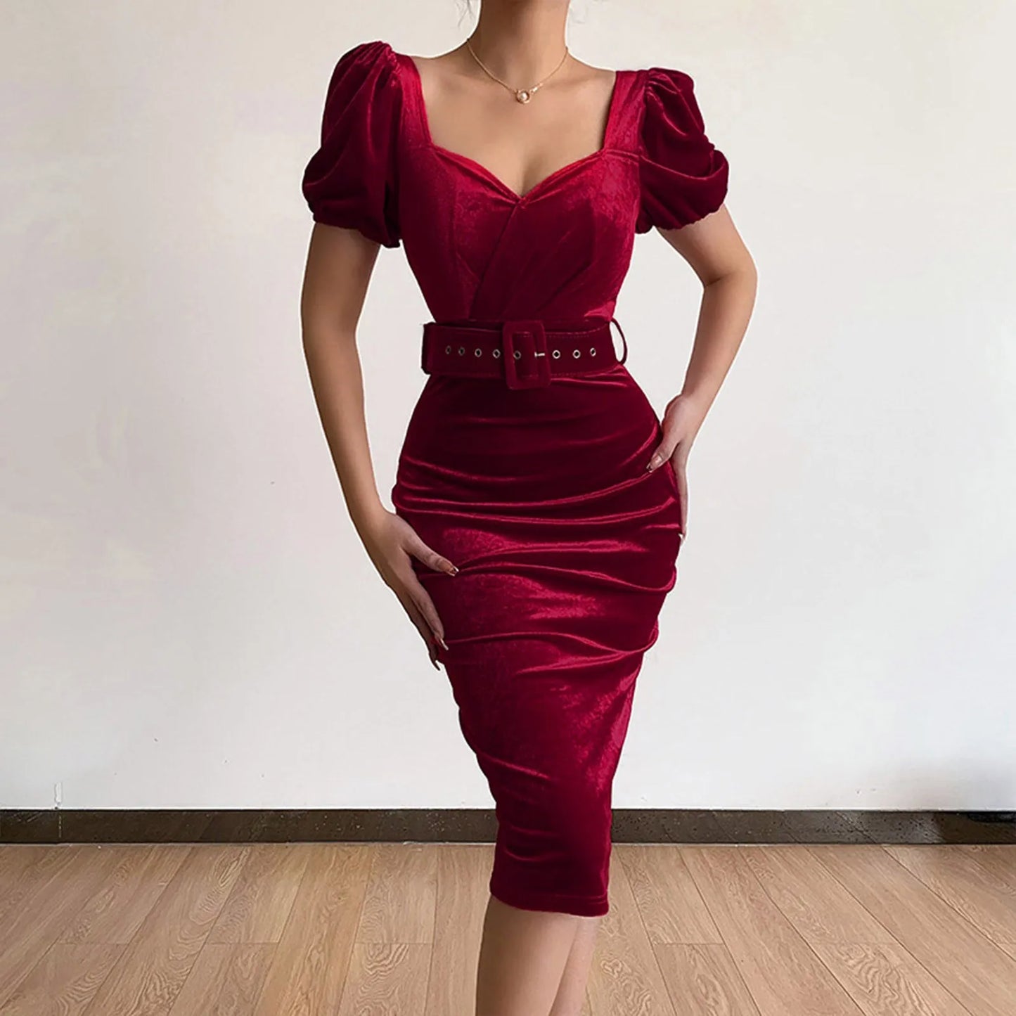 Dress Elegant Solid Color Waistband Sexy Low Neck Bubble Sleeve Velvet Hip Wrap Dress Formal Dresses For Wedding Guest
