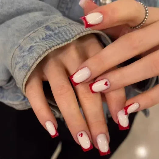 24Pcs Shimmery Long Coffin False Nails with Glue Ballerina Nail Design Sweet Fashion French Press on Acrylic Nails Manicure Tips