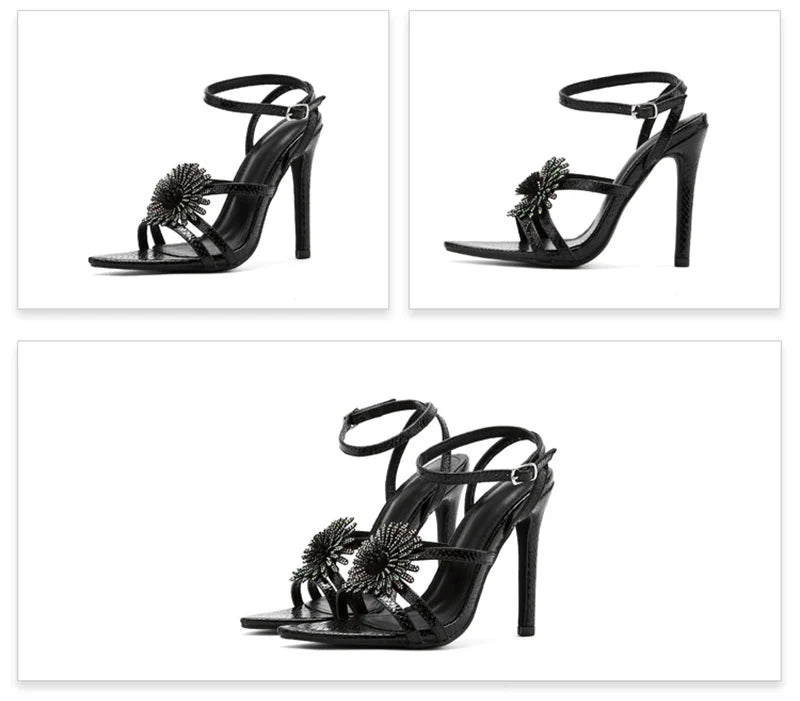 Sexy Snake Print Leather Ankle Strap Sandals for Women Summer Fashion Crystal Flower Pointed Toe High Heels Perfect for Parties
