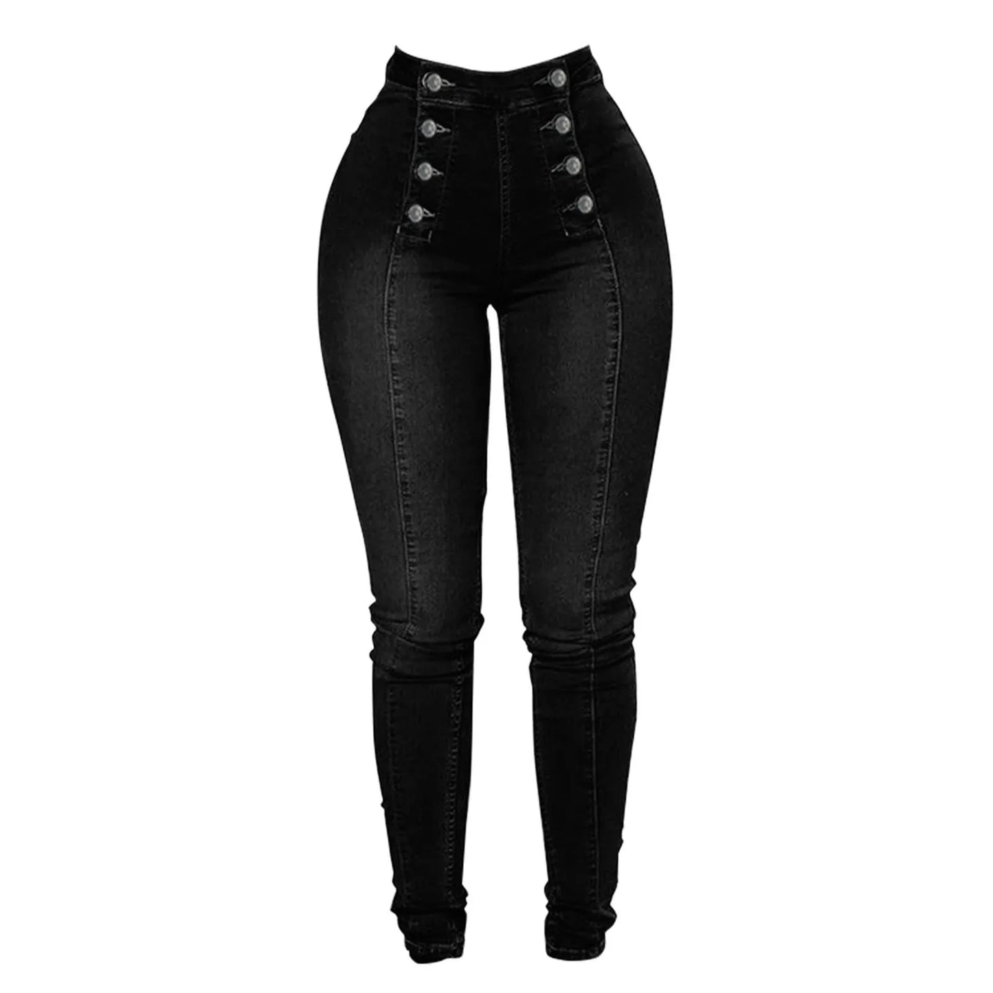 High Waist Casual Baggy Jeans Trouser Trendy Double Breasted Multi Button Slim Fit Elastic High Waist Skinny Women'S Demin Pants