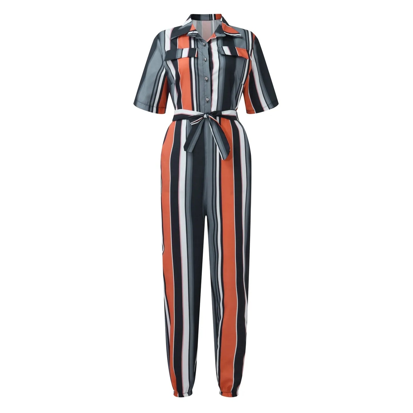 Women's Casual Lapel Lace-Up Printed Belt Short Sleeve Jumpsuit Summer Fashion Workwear Keep Short Eye Catching Junior Size
