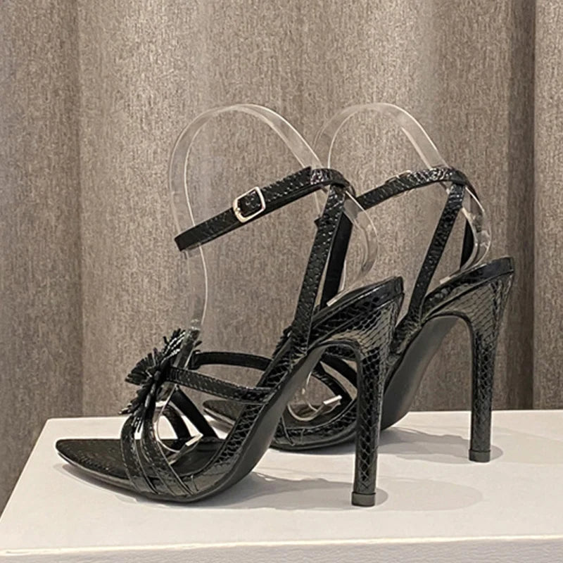 Sexy Snake Print Leather Ankle Strap Sandals for Women Summer Fashion Crystal Flower Pointed Toe High Heels Perfect for Parties