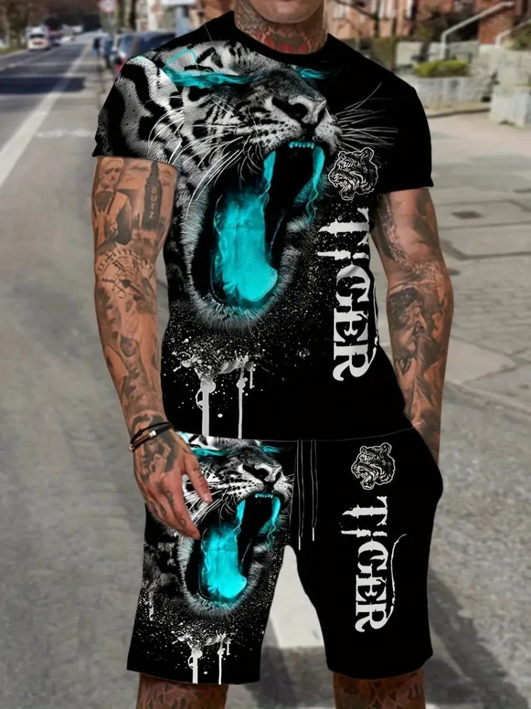 New Lion King 3D Printed Short Sleeve T-shirt Shorts 2 Piece Summer Men's Fashion Street Fashion Short Sleeve Suit Casual