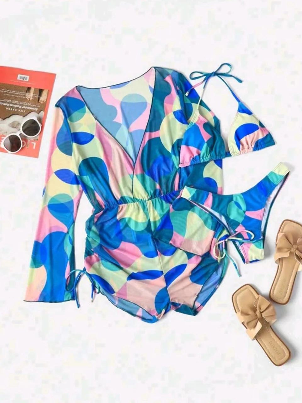 3 pieces Halter Bikini Tropical Print Swimsuit Drawstring Side Swimwear Women Long Sleeve Bathing Suit Female Swimming Beachwear