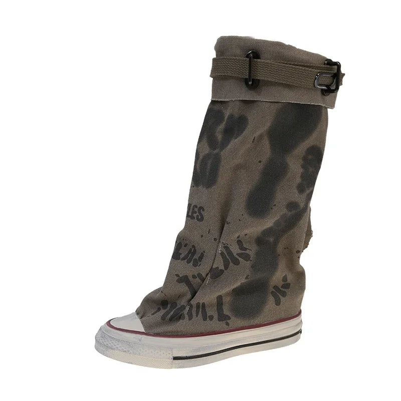 Women's Spring Graffiti High Canvas Boots Round Head Middle Follow Anti-slip Boots Women Leisure Fashion Rubber Sole Botas Mujer