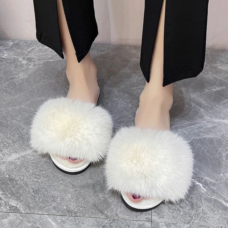 Women's Home Slippers Winter Pink Fur Kawaii Flats Furry Elegant Comfortable Soft Shoes for Woman and Low Price