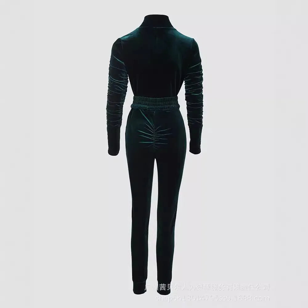 Mandylandy Sexy Velvet Bodycon Jumpsuit for Women with Zipper Design Ruched Long Sleeve and Elastic Waistbelt