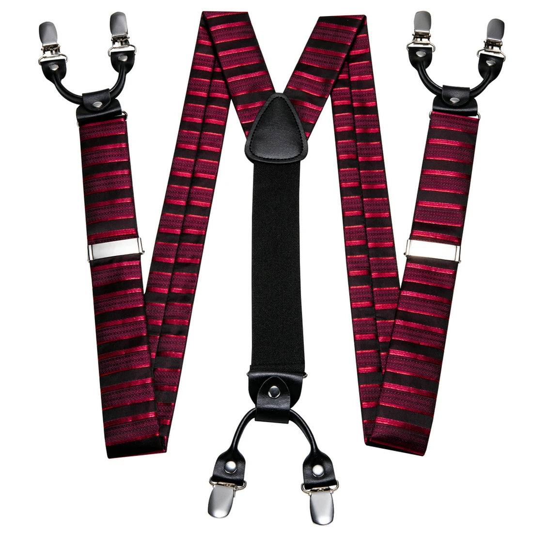 Luxury Red Black Striped Suspenders for Man Party Pre-tied Bowtie Pocket Square Cufflinks Set Silk Leather Metal 6 Clips Braces
