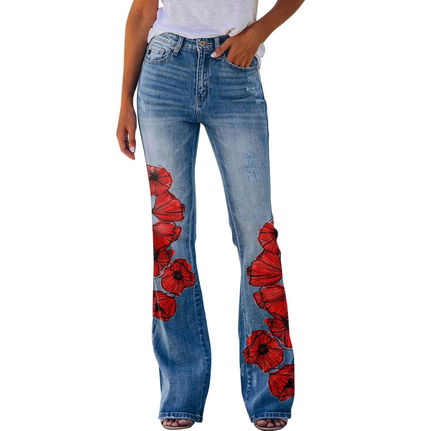 Y2K Ladies Retro Flared Jeans Floral Printed Slim-Fit Denim Trousers Baggy Style for Streetwear