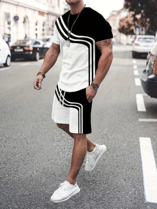 Summer Fashion Men's Suit Casual Beach Shorts Set 3D Print Stripe Short Sleeve T Shirt Round Neck 2 Piece Outfits Man Clothing