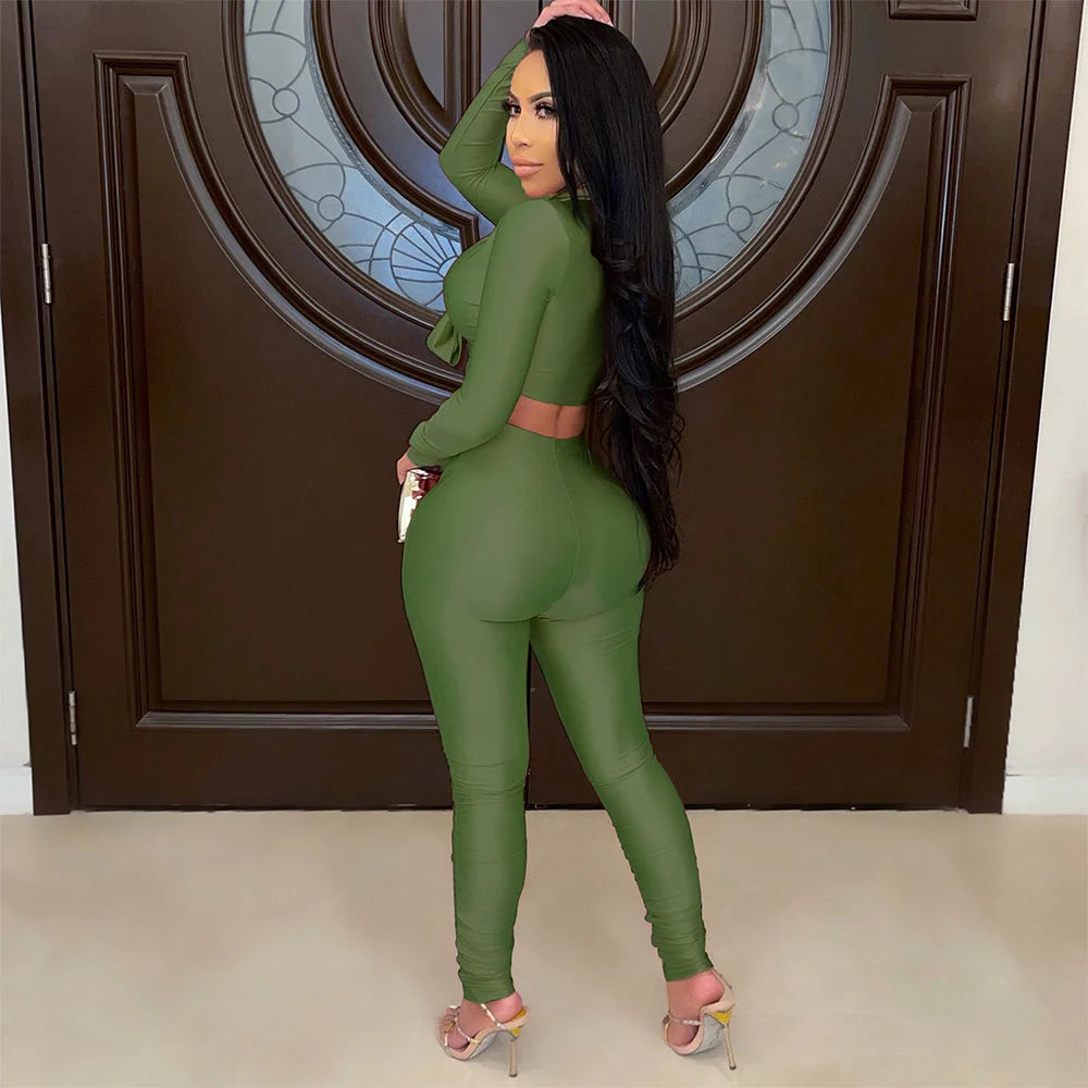 Women's Fashion Casual Slim Fit Two-Piece Set Open Shirt Butterfly Knot Long Sleeve Top with Long Pants Eye-Catching Streetwear