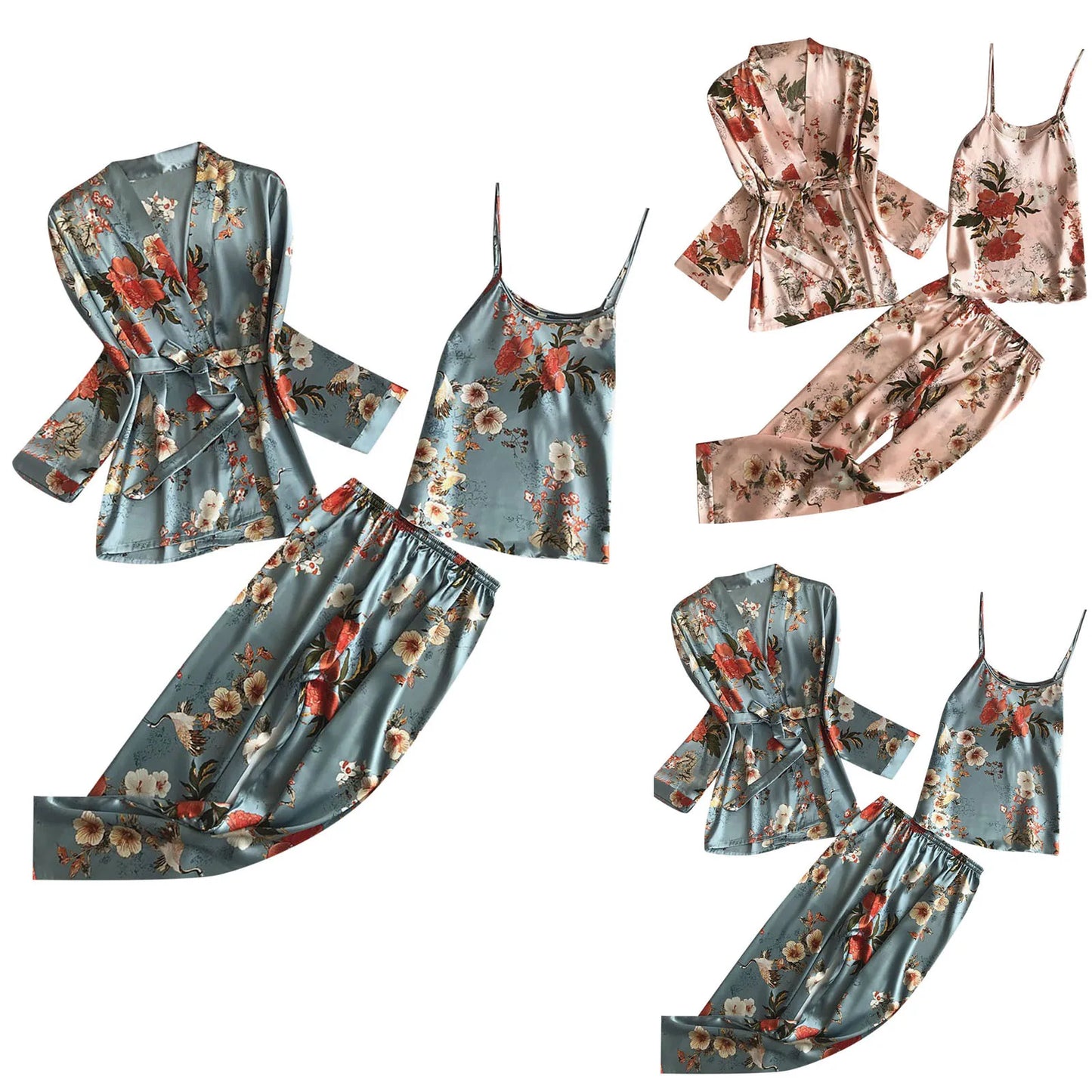 Women's Homewear Nightdress Three Piece Suit Lace Pajamas Set Floral Print Sexy Night Suits Homewear Satin Pijamas Set For Women