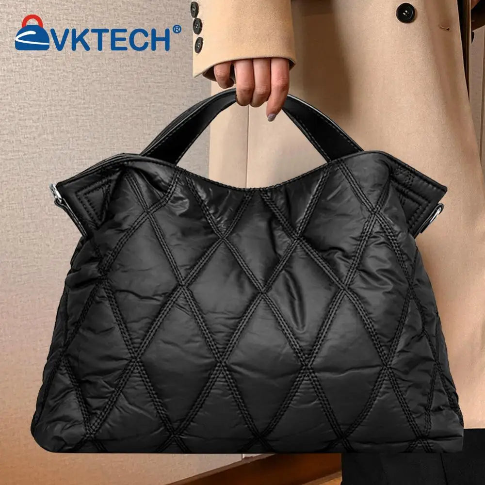Rhombic Lattice Cotton-Padded Bag Elegant Autumn Winter Down Jackets Bag Simple Fashion Warm Nylon Portable for Party Shopping
