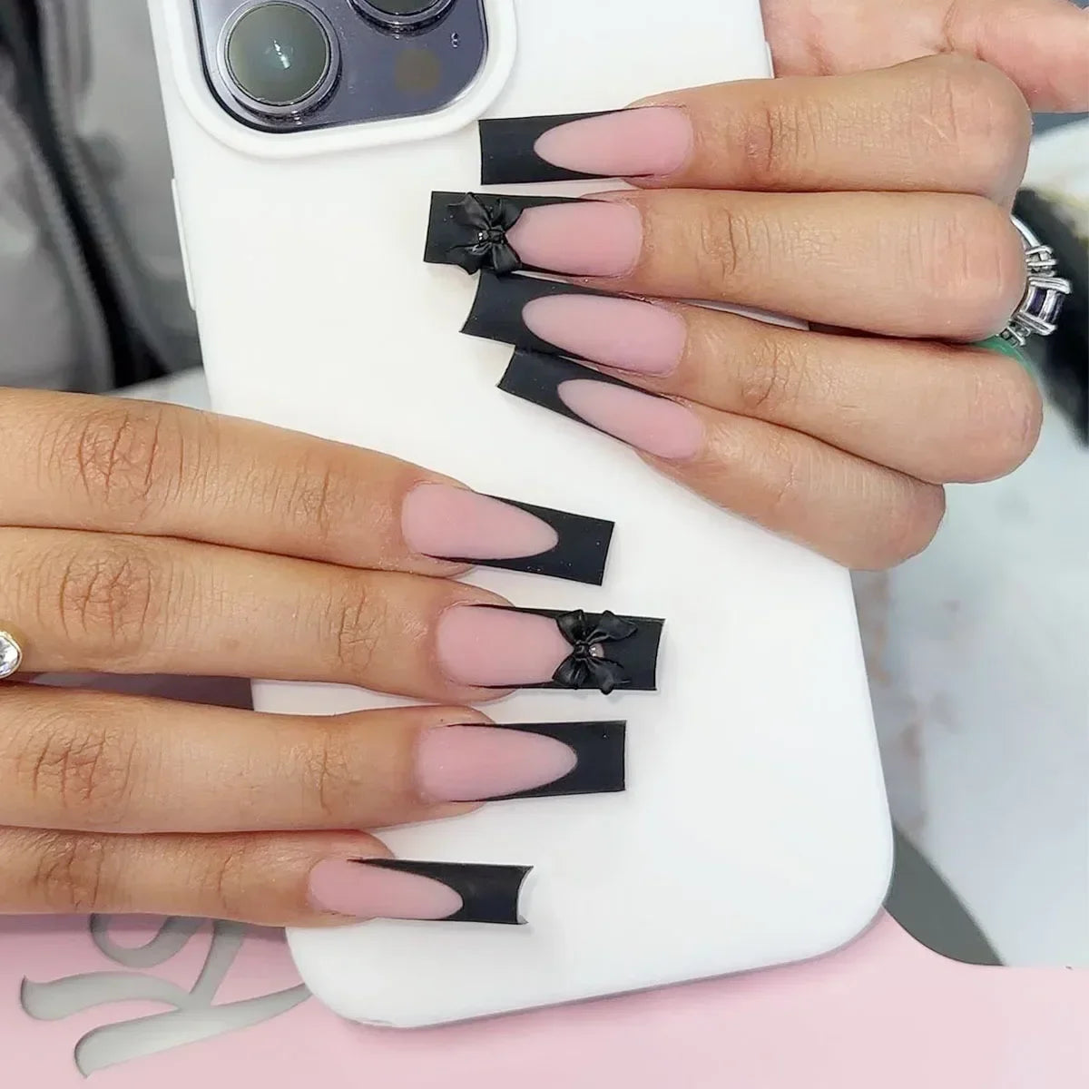 24Pcs Shimmery Long Coffin False Nails with Glue Ballerina Nail Design Sweet Fashion French Press on Acrylic Nails Manicure Tips