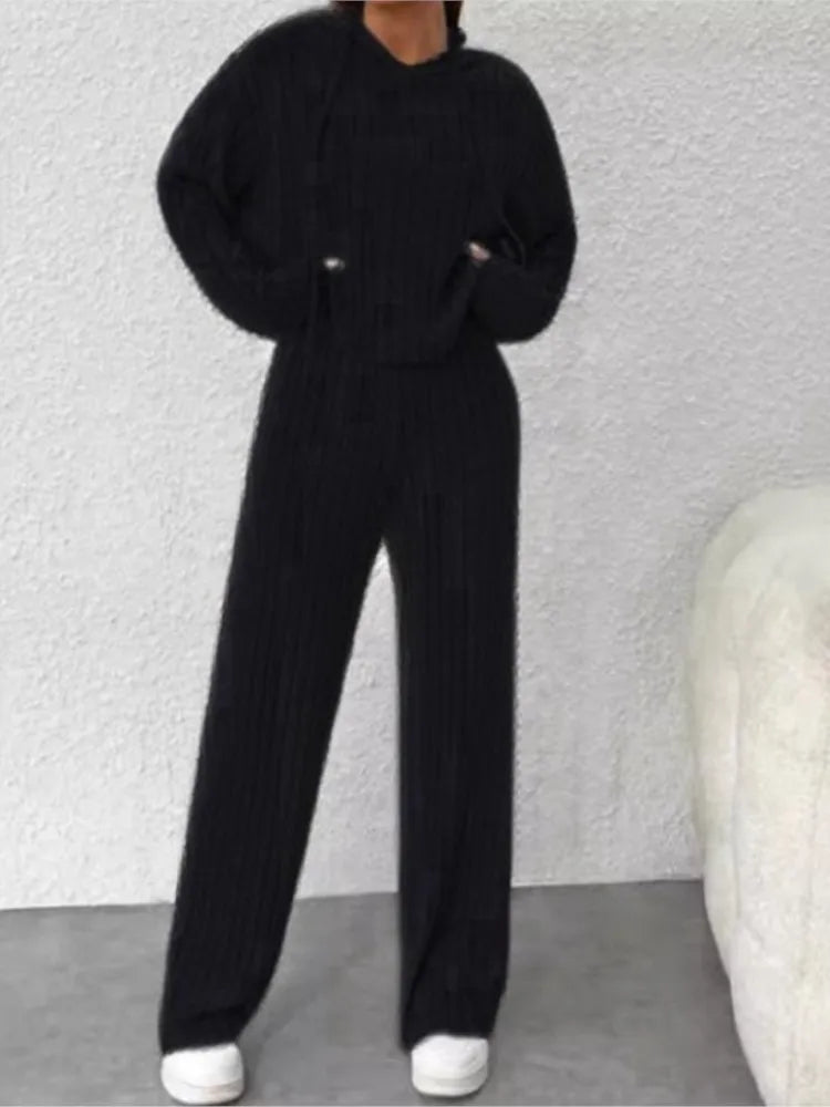 Spring and Autumn Women's New Solid Color Casual Knitted Striped Hooded Sweatshirt Loose Long Sleeved Long Pants Two-piece Set