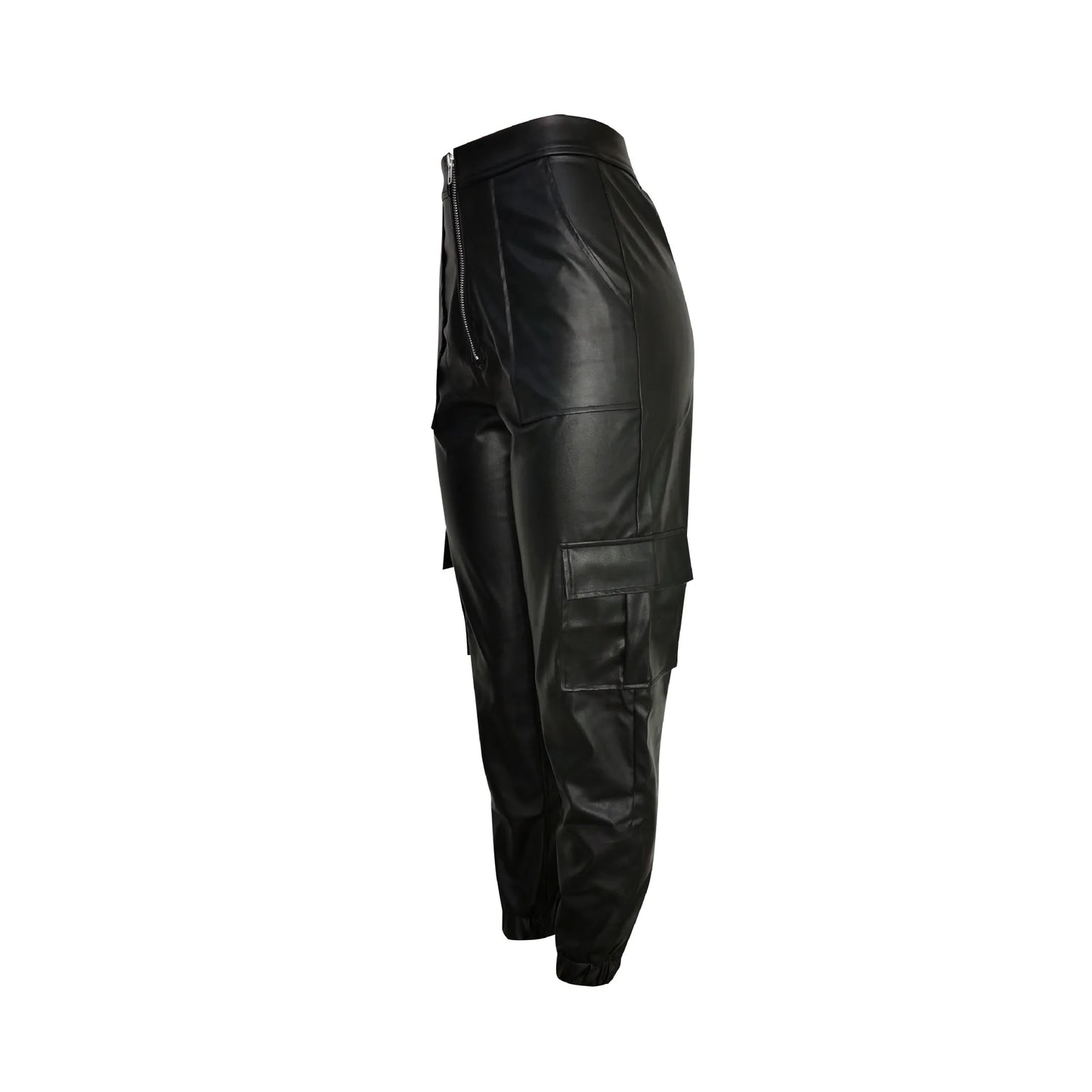 Autumn Winter Fashion Women's Trousers Faux Leather High Waisted Joggers with Zipper Multi Pocket Straight-Leg Cargo Pants