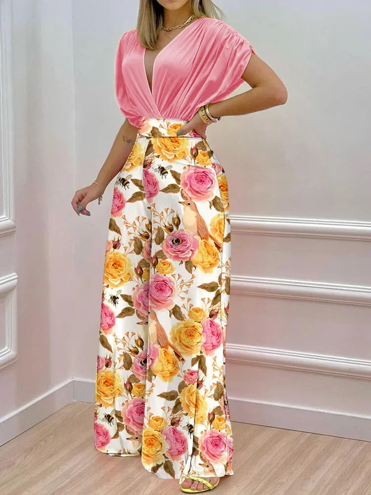 Ladies Fashion V-Neck Work Wide Leg Office Trousers Suit 2022 Summer 2 Pieces Set For Women Short Sleeve Top And Long Pant Suits