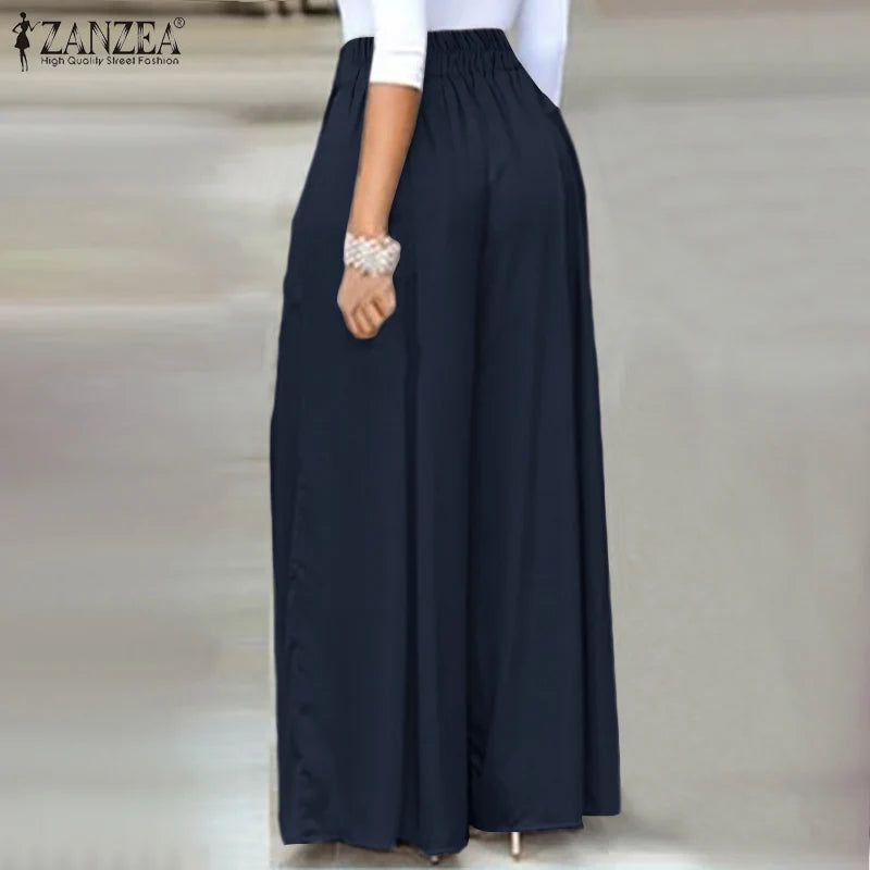 Elegant High Waist Solid Work Trousers ZANZEA Fashion Summer Women Loose Wide Leg Pants Palazzo Oversized Bow Tie Long Pantalon