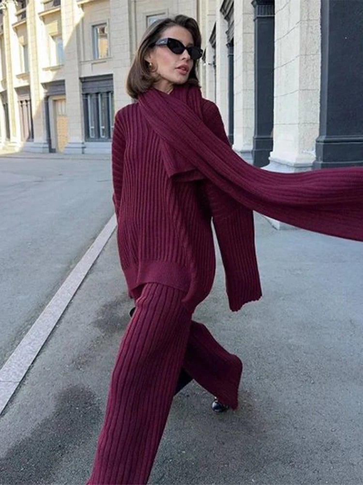 Oversize Knitted Women's Set V-Neck Full Sleeve Scarf Pullover Long Trousers Casual Loose Lady Suit for Autumn