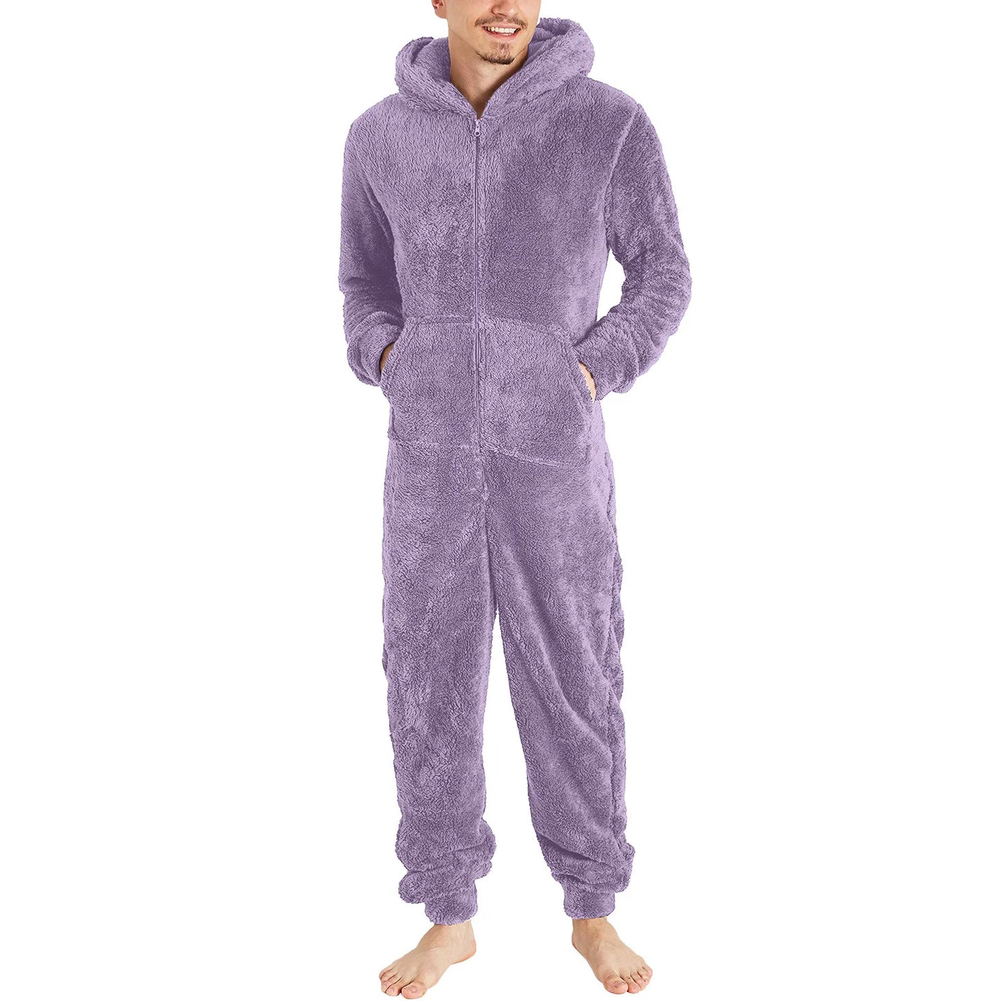 Men Jumpsuit Long Sleeve Pajama Solid Zipper Hooded Jumpsuit Casual Winter Warm Sleepwear Comfortable Male Home Clothing 2023